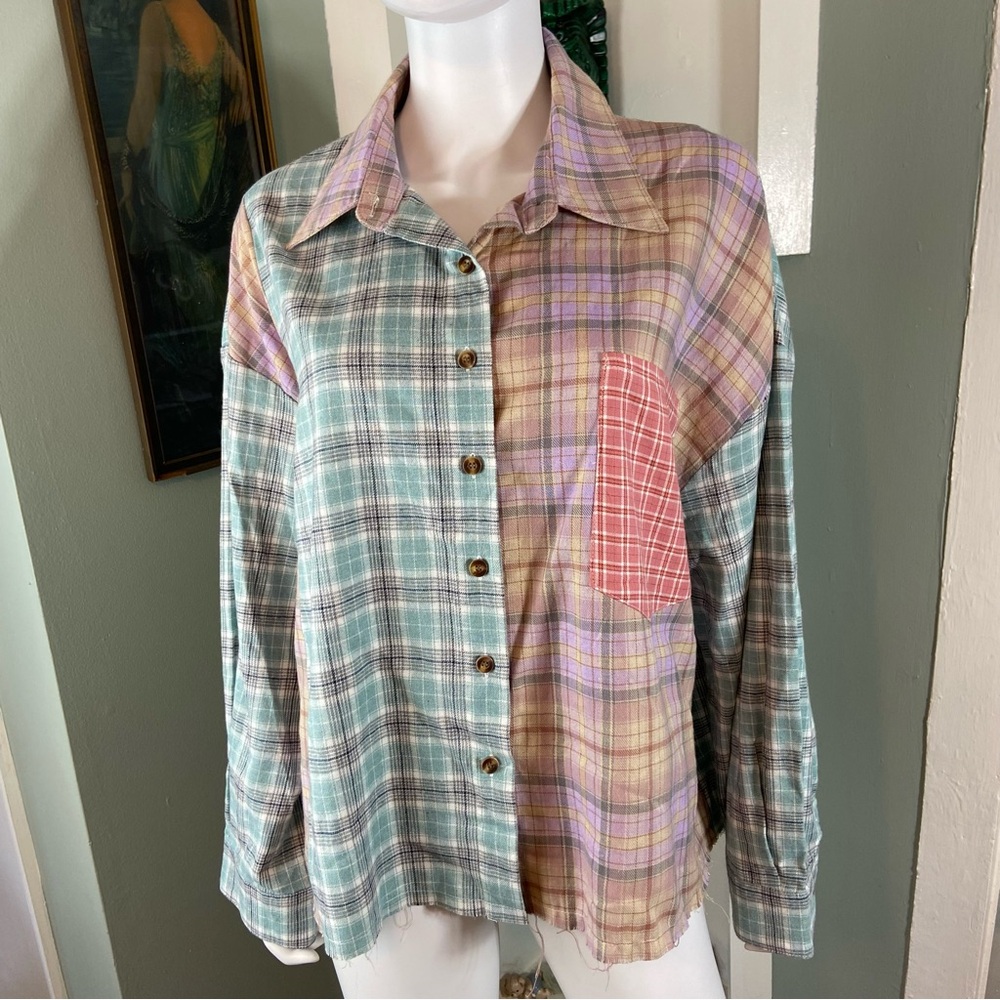 Colorful Patchwork Colorful Flannel Plaid Shirt Raw Hem Cropped Volup 2X